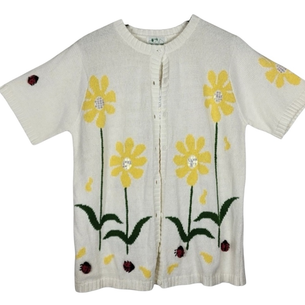 Quacker Factory Embroidered Sweater Cardigan Ladybugs Flowers Size S